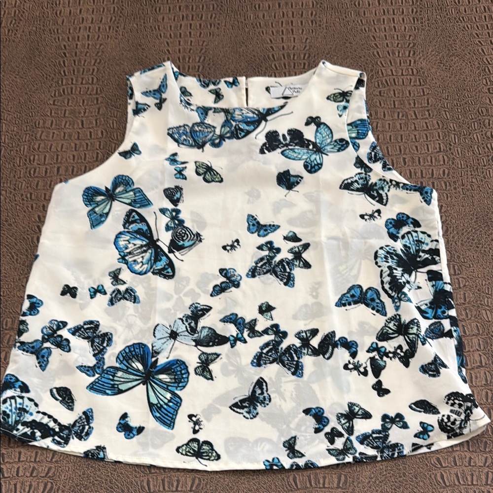 Memento Mori Blue Butterfly Sleeveless Top White Black Print Approx S/M